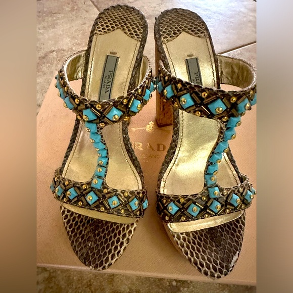 Prada Platform Slides 6 1/2  Heels Bronze Metallic Cork Turquoise Stud - Picture 1 of 7
